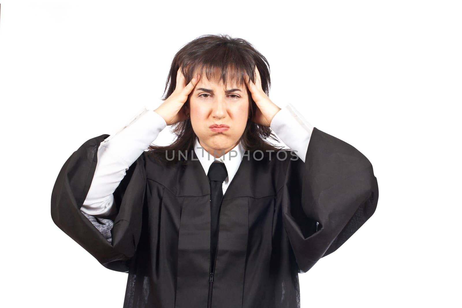 Angered female judge portrait over a white background