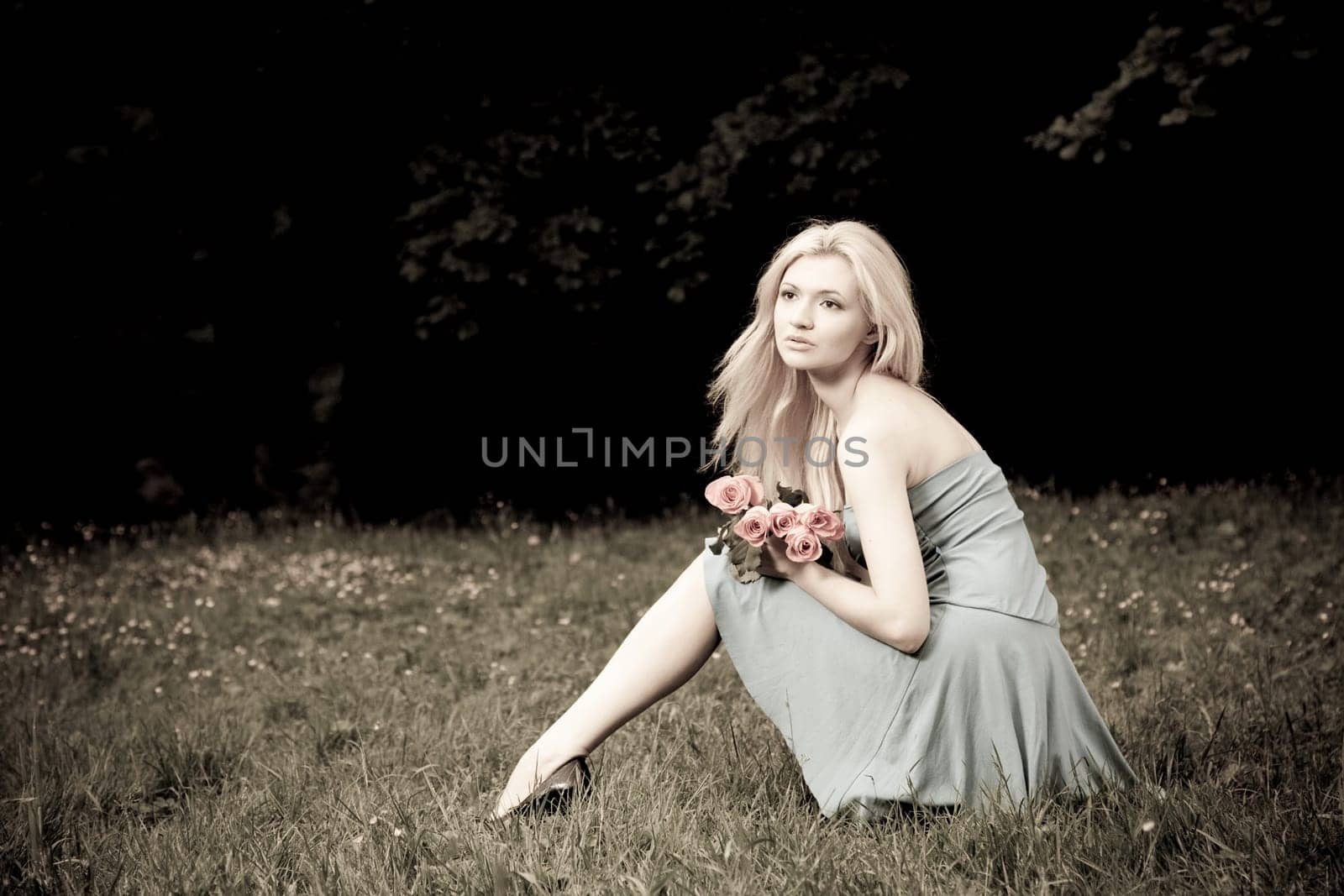 Pretty Woman Sitting OnThe Meadow