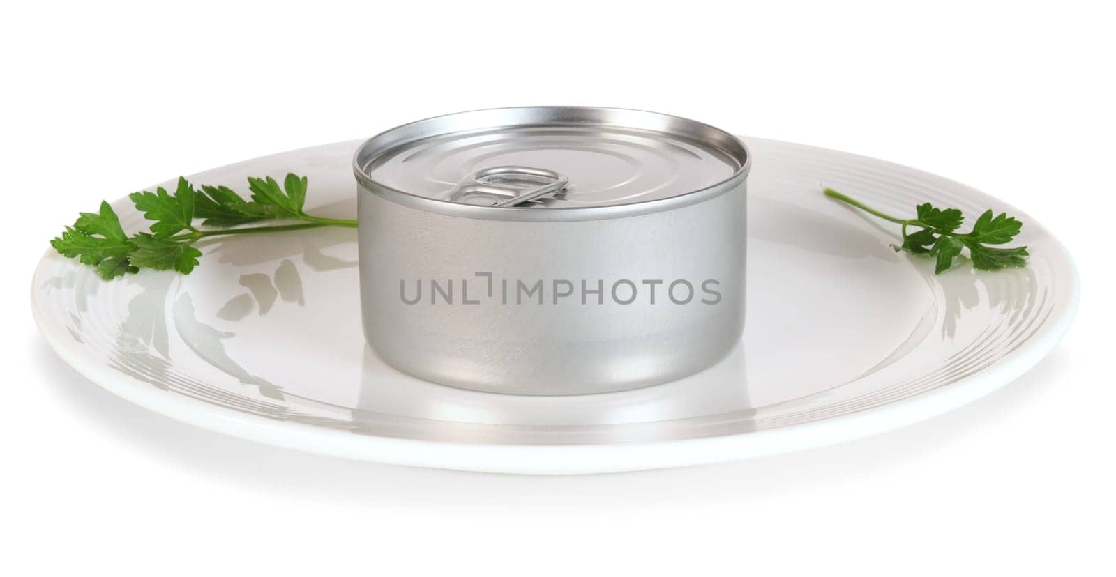 Tin can on white plate