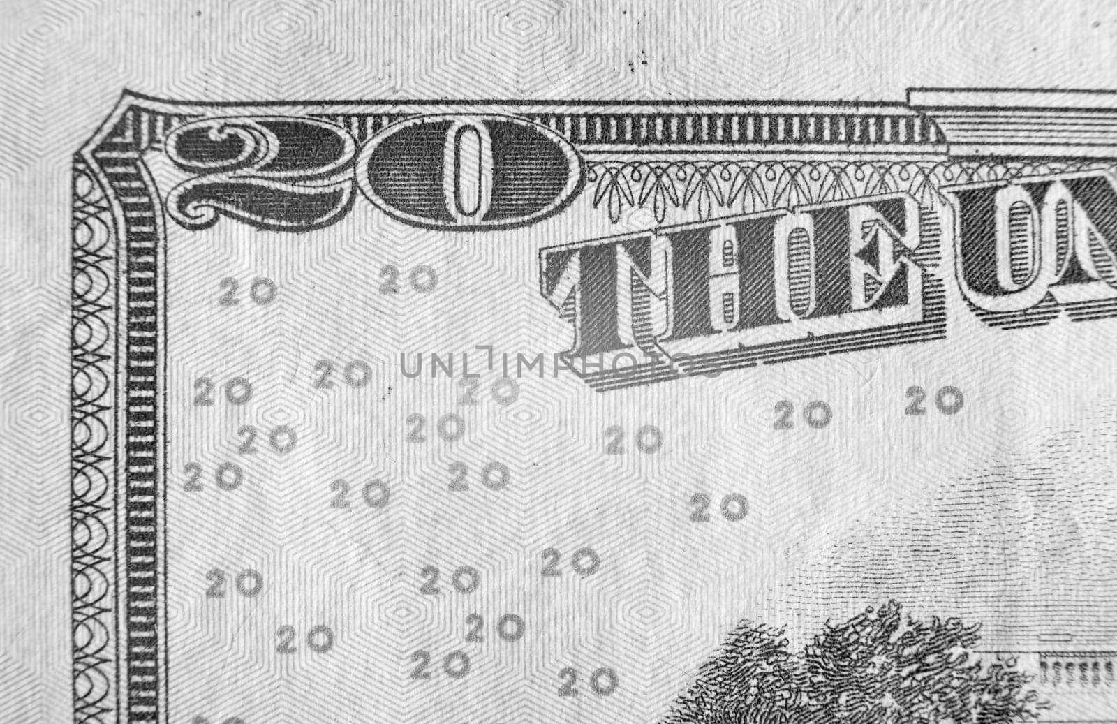 A close up on a twenty dollar bill. Shallow depth of field.