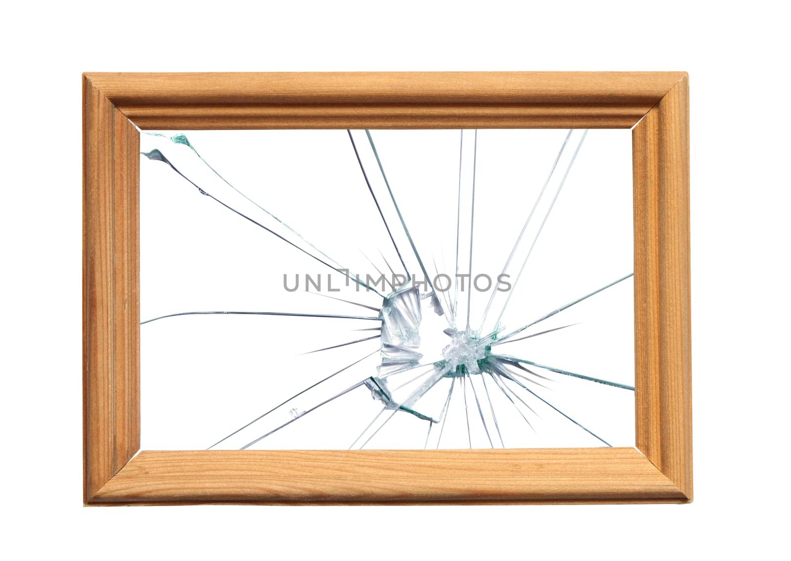 Wooden frame with broken glass for your images. Object with clipping path