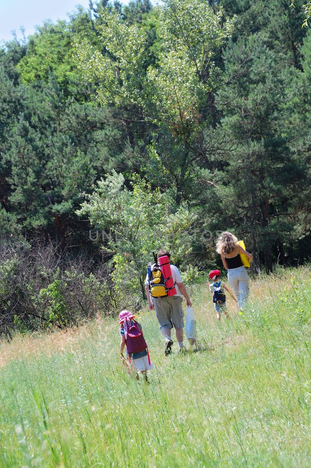 smiliHappy family hiking through the summer meadow to the wood.