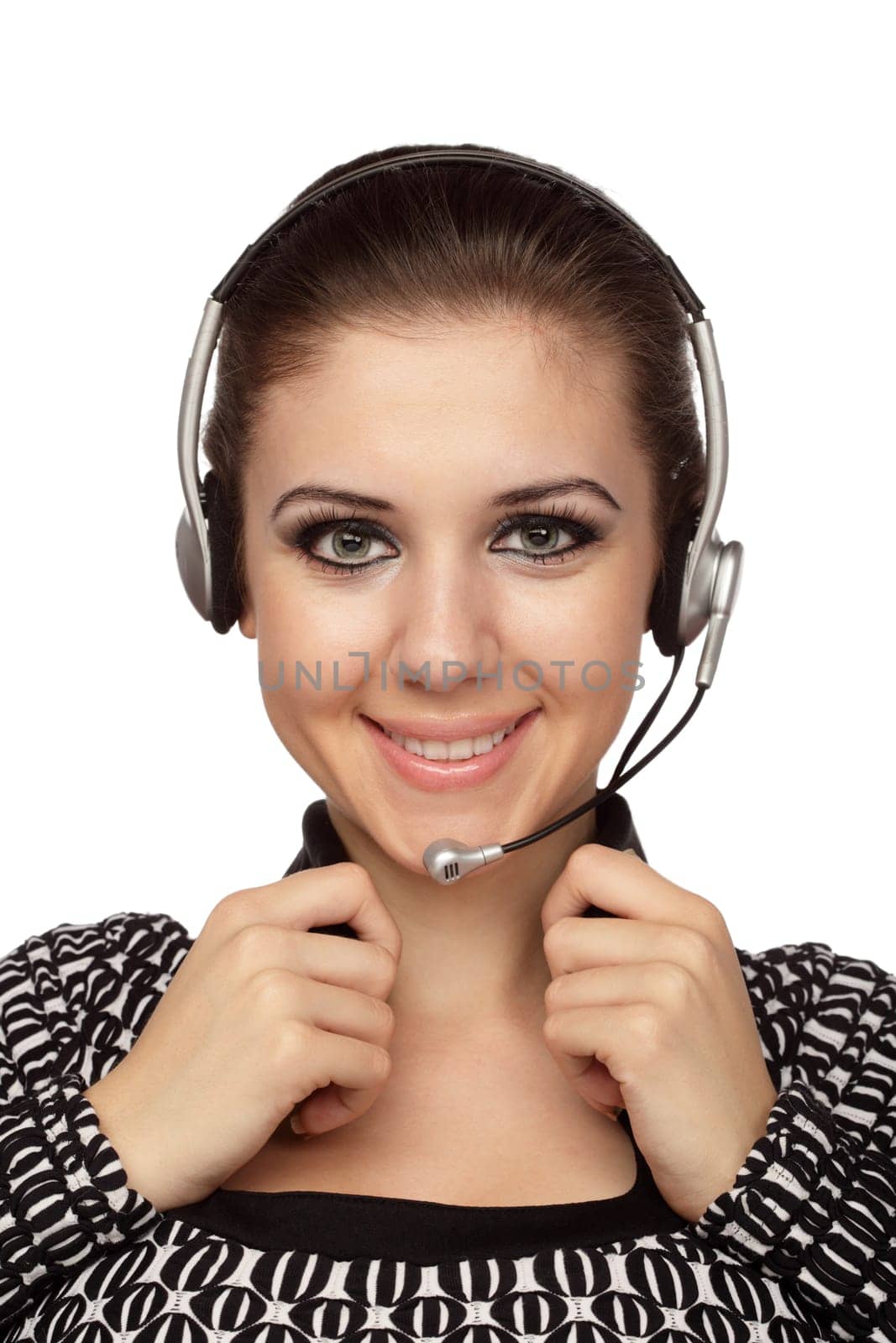 Cheerful customer service operator with headset over white.