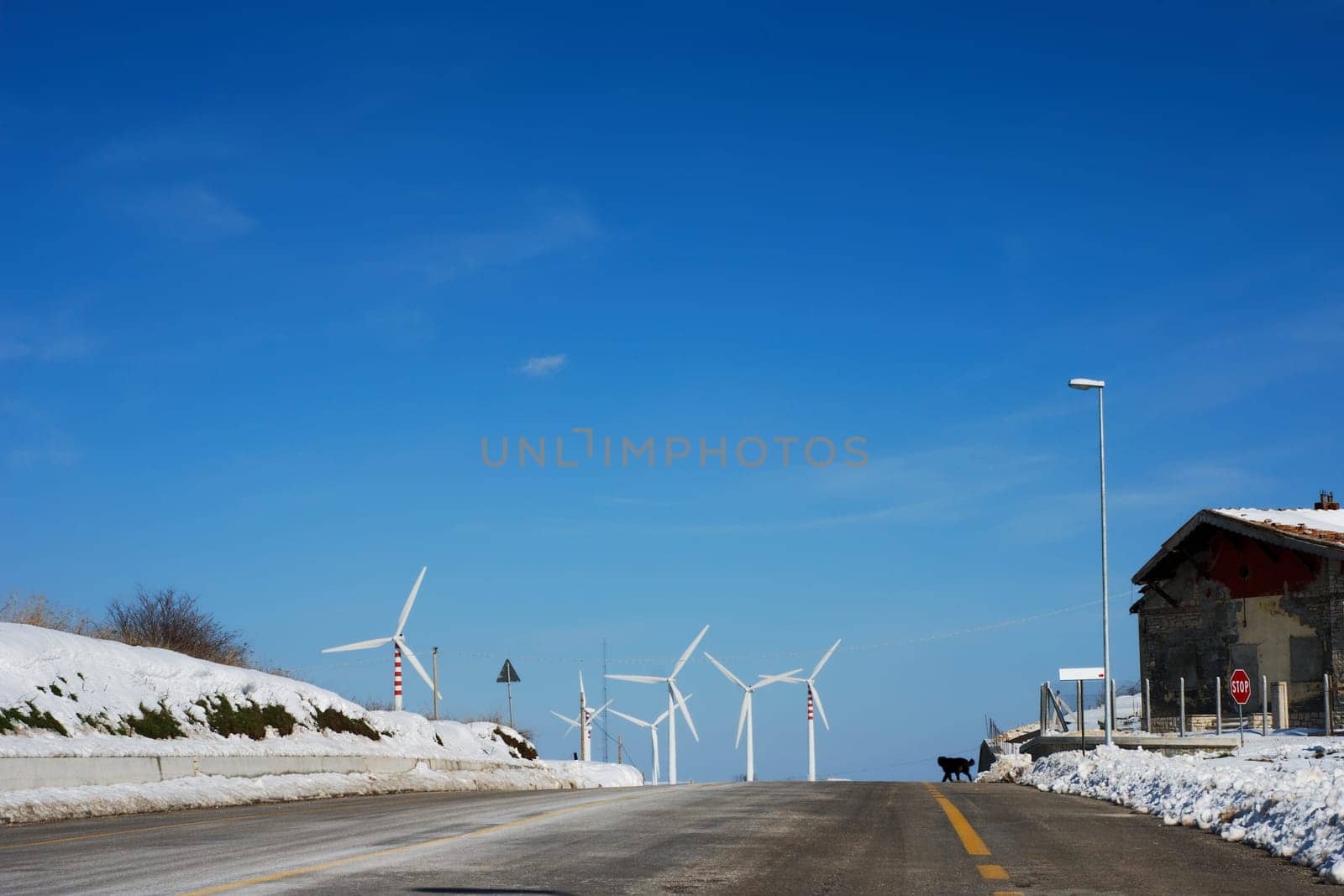 Snowy road in winter going to wind turbines