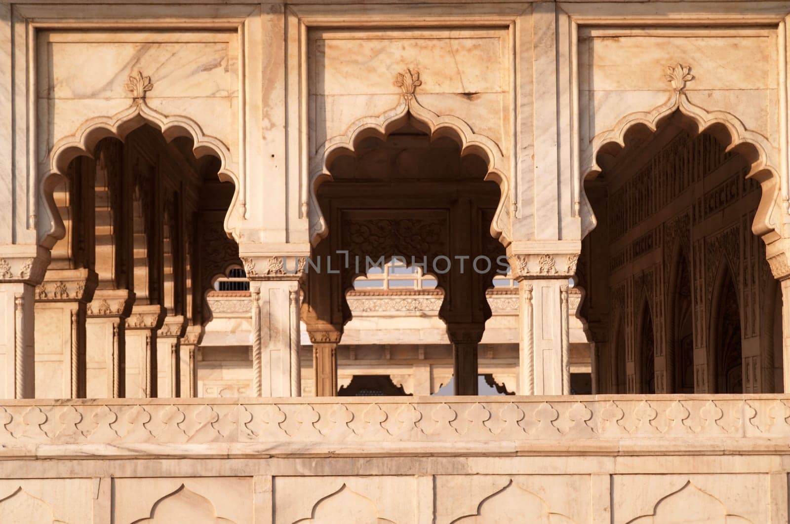 White marble colonnaded arches of the Diwan - i-Aam (Public Audience Chamber) in the Red Fort, Agra, India