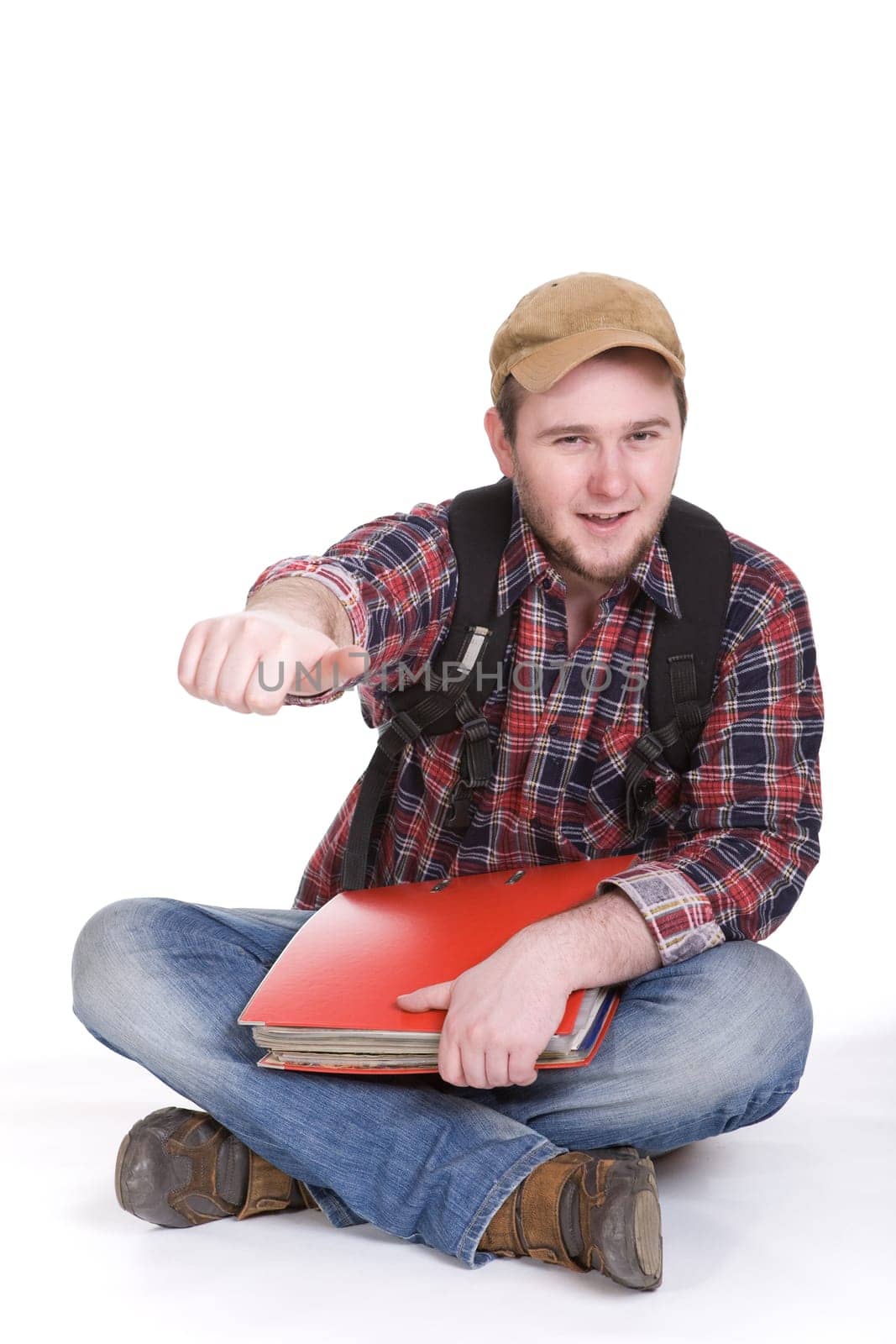 young casual student on white background