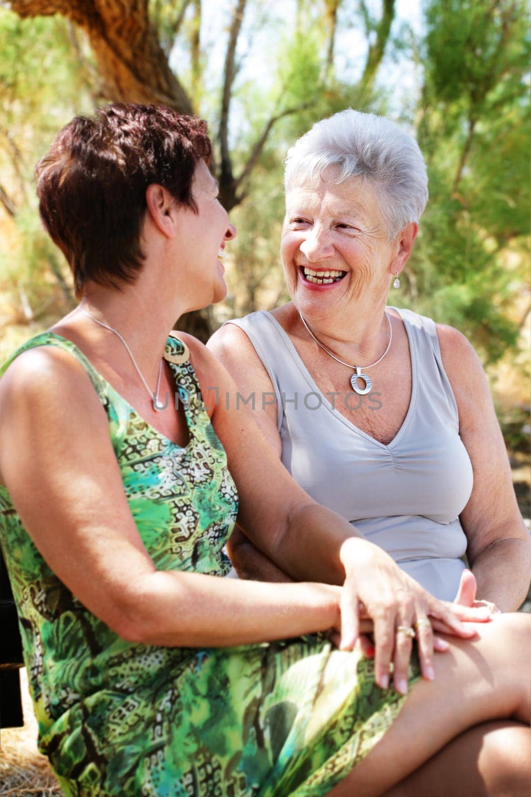 senior mother and daughter chatting and having fun