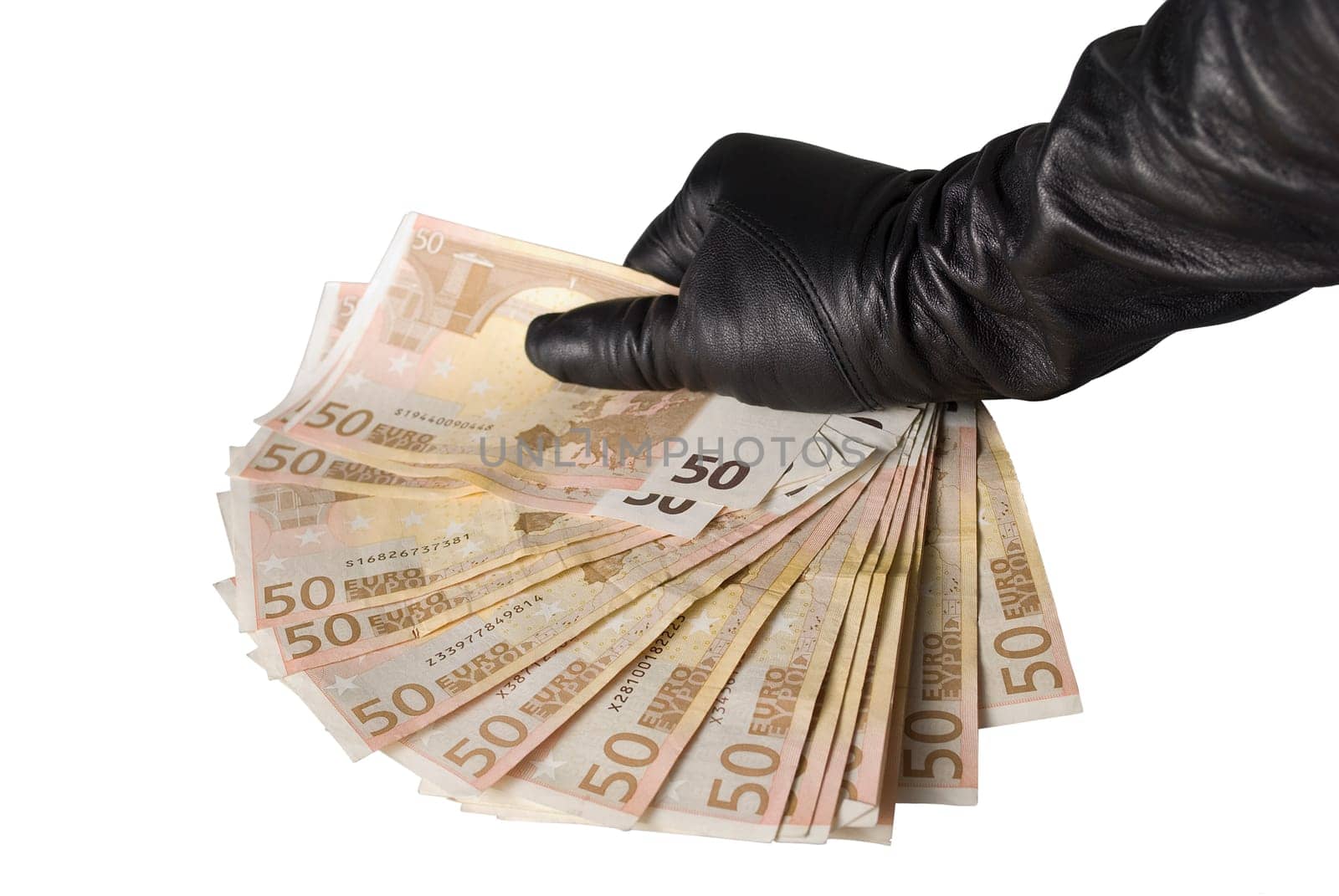 Fan of 50 Euro bank notes in women's hand with a leather glove isolated over white background.