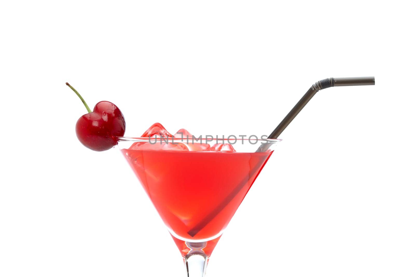 A glass of fresh strawberry cocktail with cherry isolated on white background
