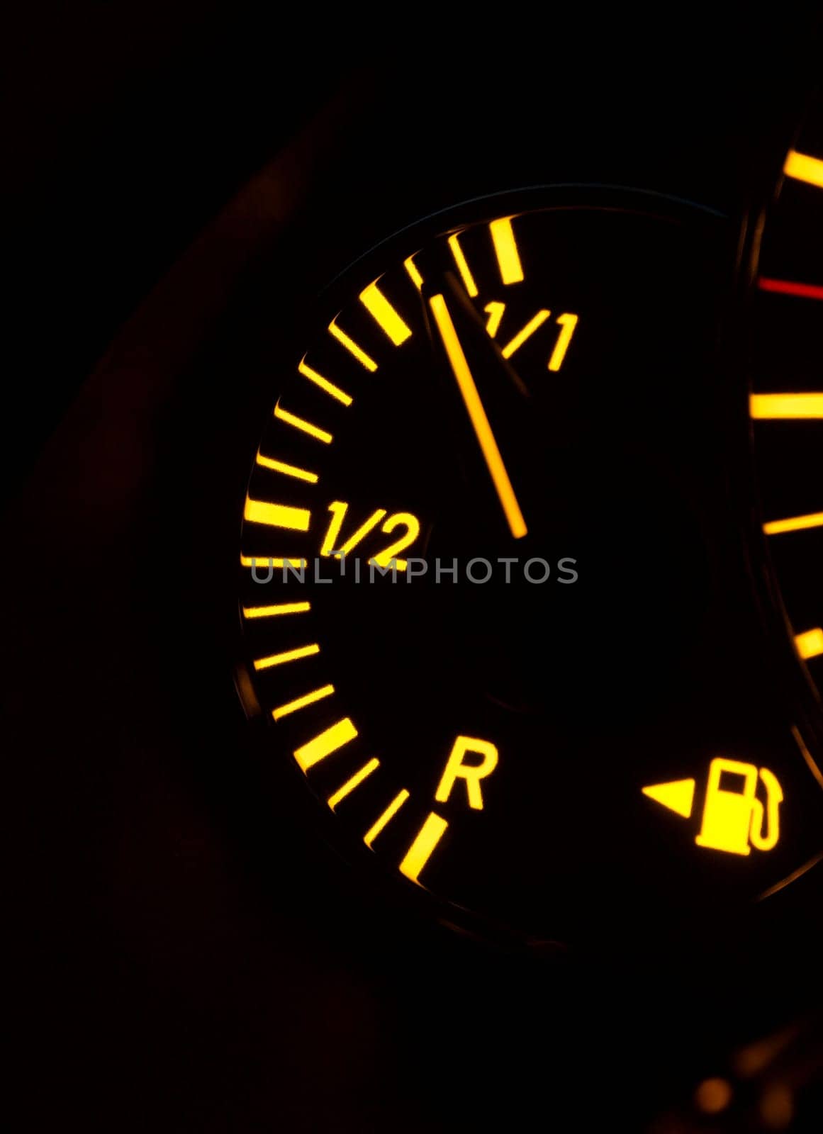 Fuel indicator on a car dashboard, tank is almost full