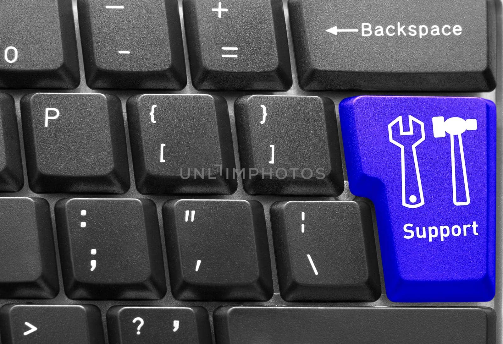 Close-up of Computer keyboard,  with blue "Support"" key"