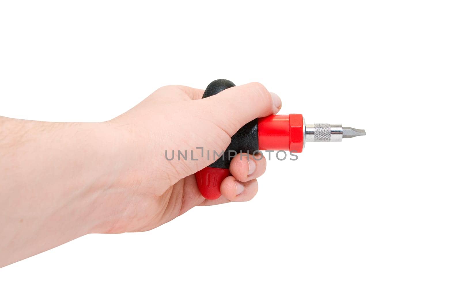 Hand with  red screwdriver isolated on a white background