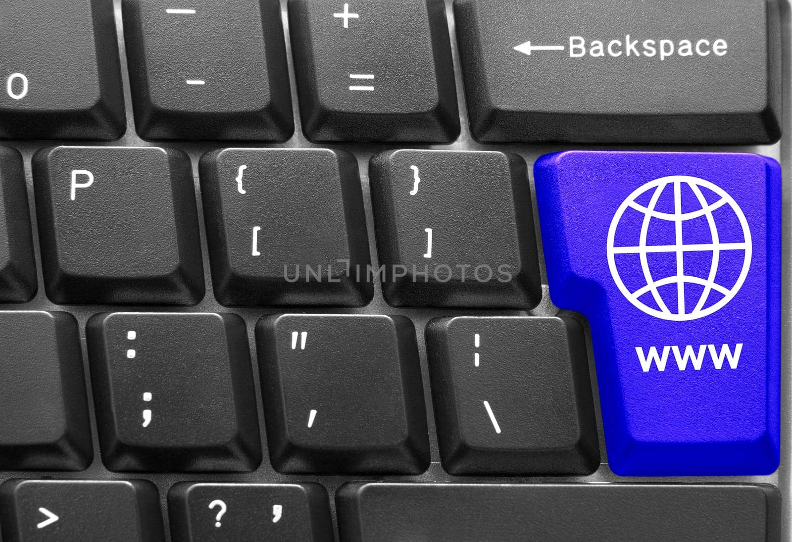 Close-up of Computer keyboard, with blue "WWW"" key"