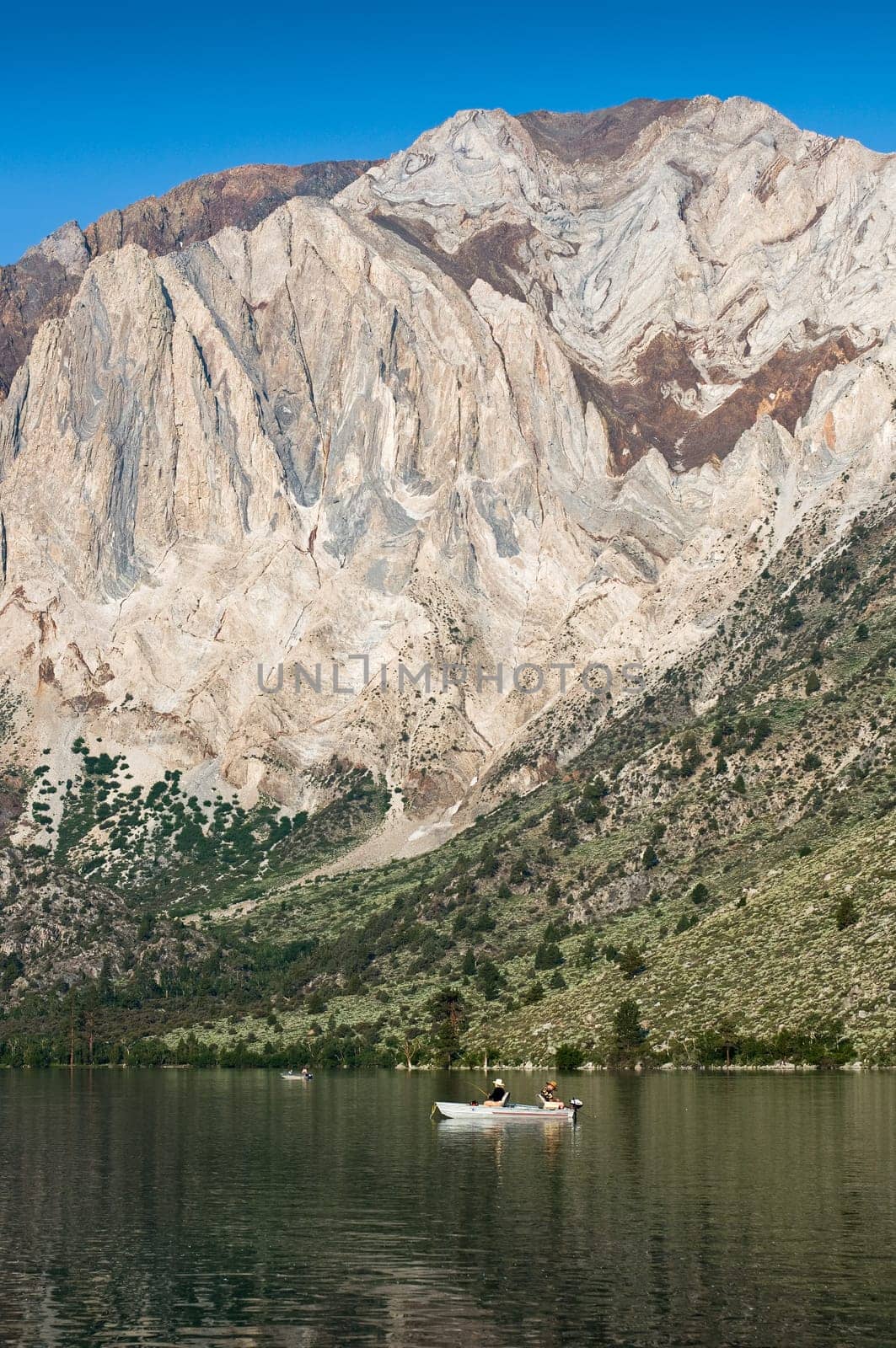 Boats fishing for trout in Convict Lake, California