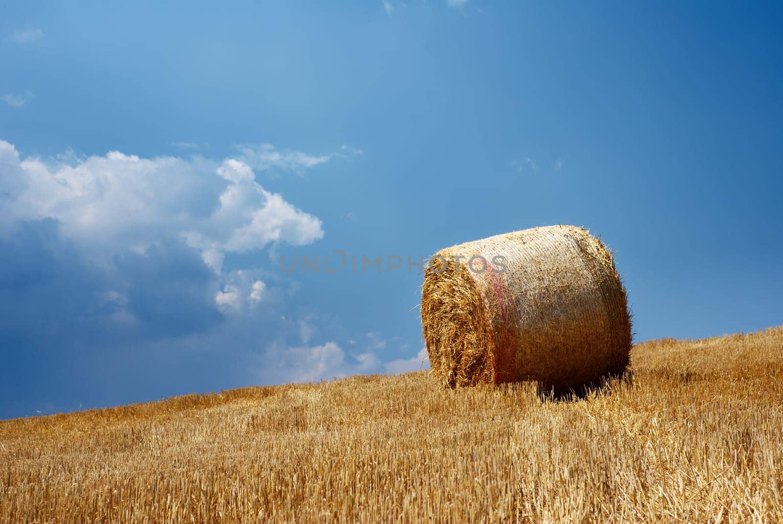 Solitary straw bale under moody sky