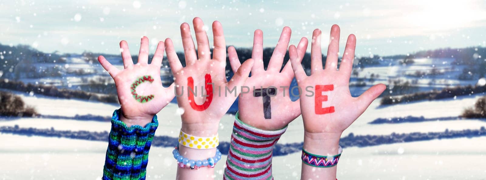 Children Hands Building Colorful English Word Cute. White Winter Background With Snowflakes And Snowy Landscape.