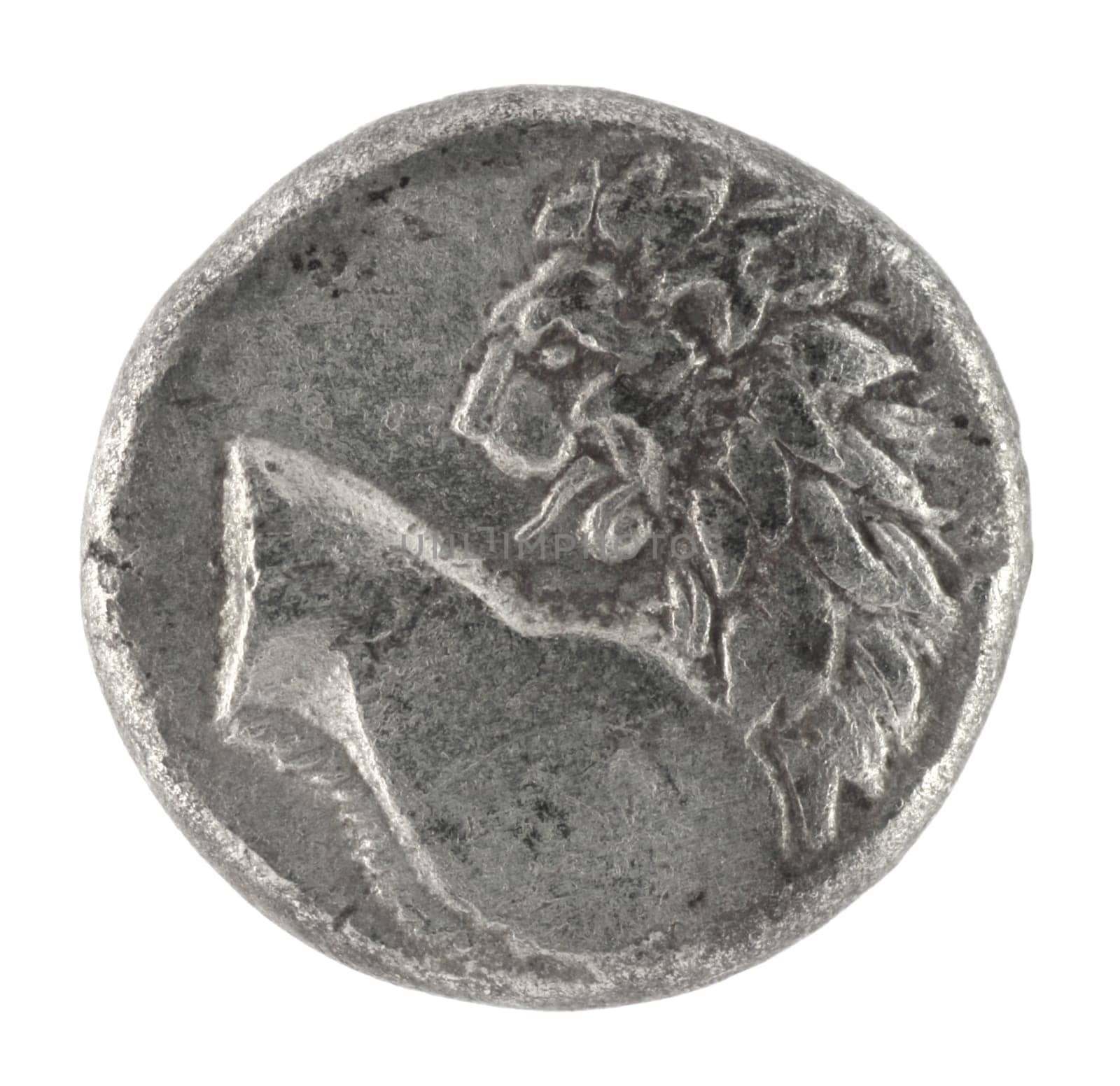 Lion on ancient Greek half drachm from 350 BC isolated in white