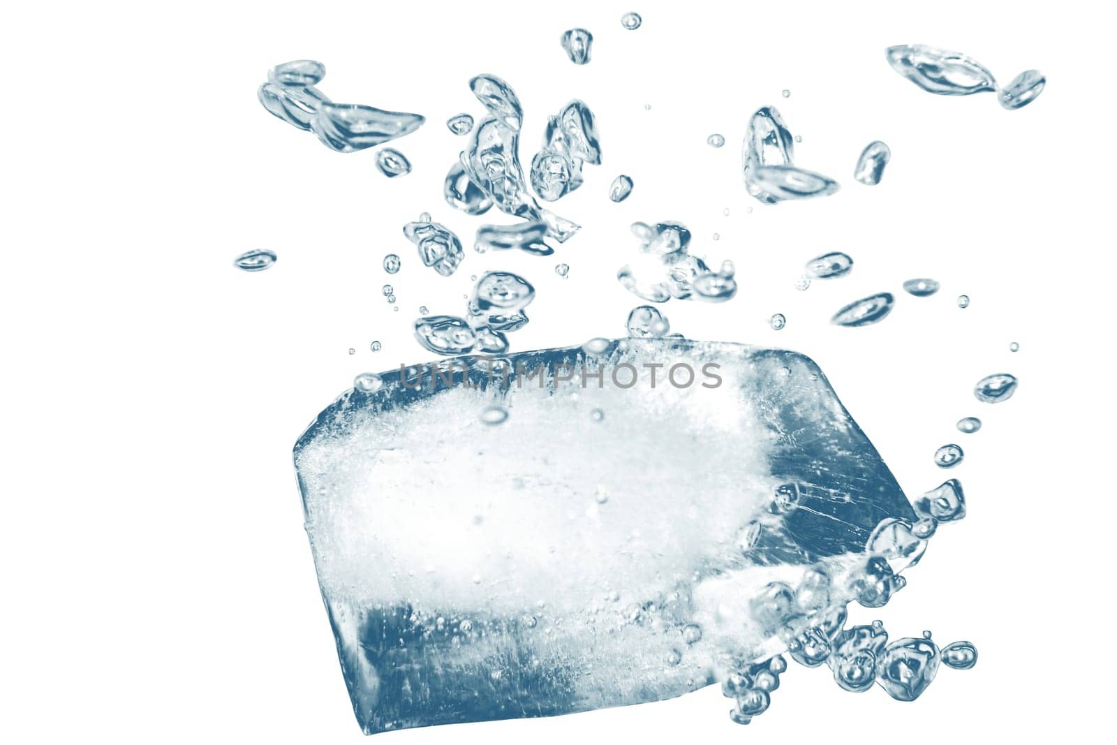 Ice cube with bubbles in water. Isolated on white background with clipping path