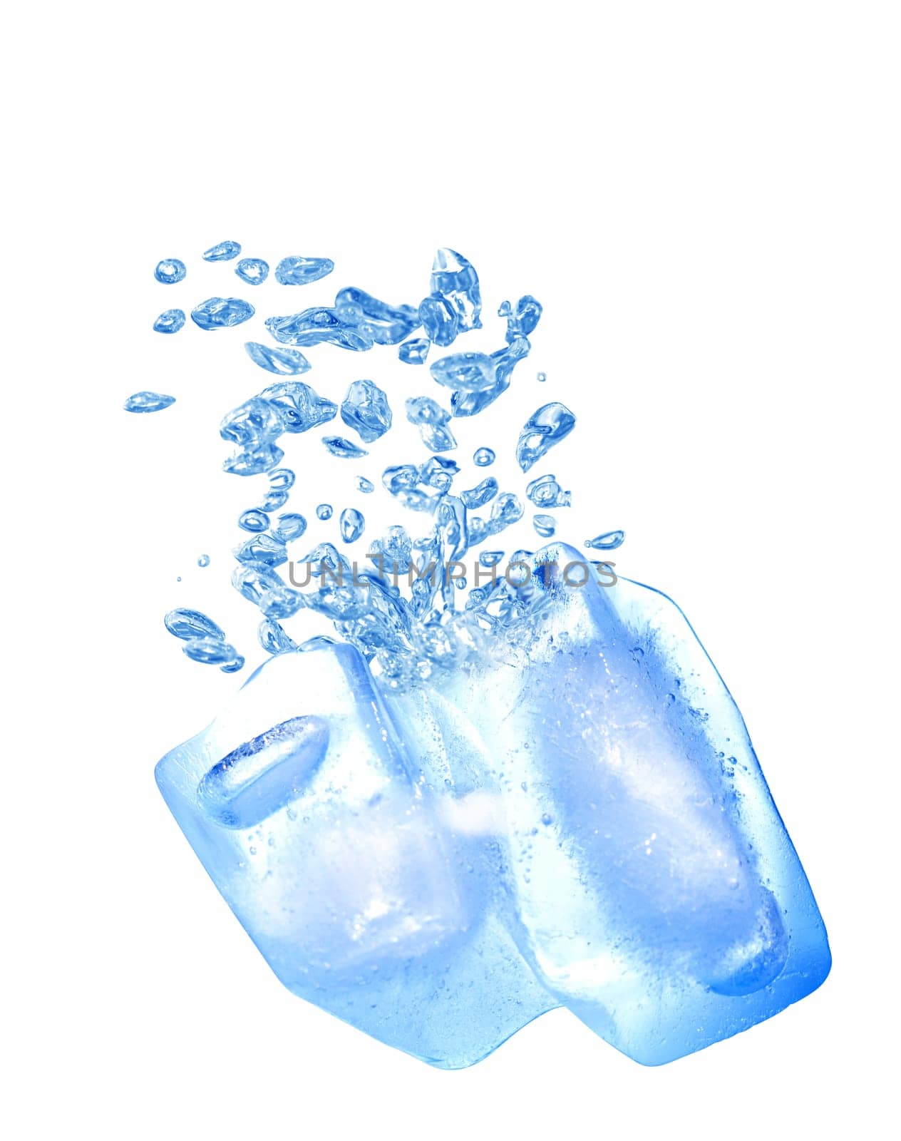 Ice cube with bubbles in water. Isolated on white background with clipping path