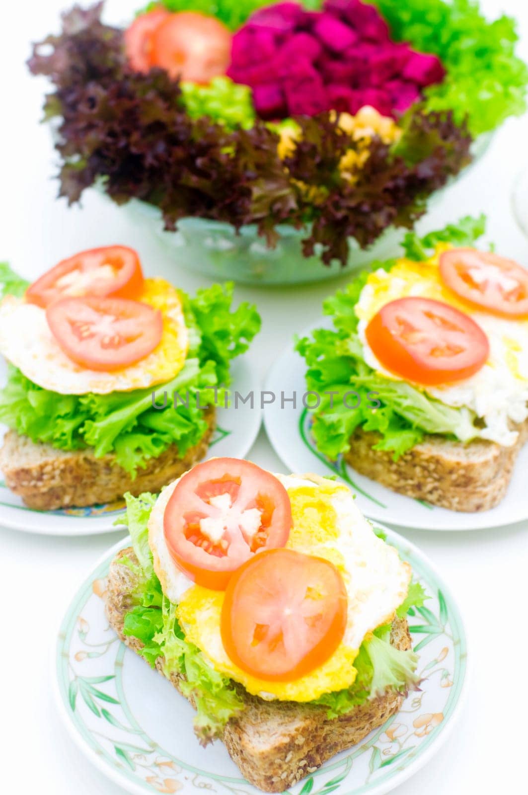 Asian style healthy organic homemade sandwich and salad breakfast.
