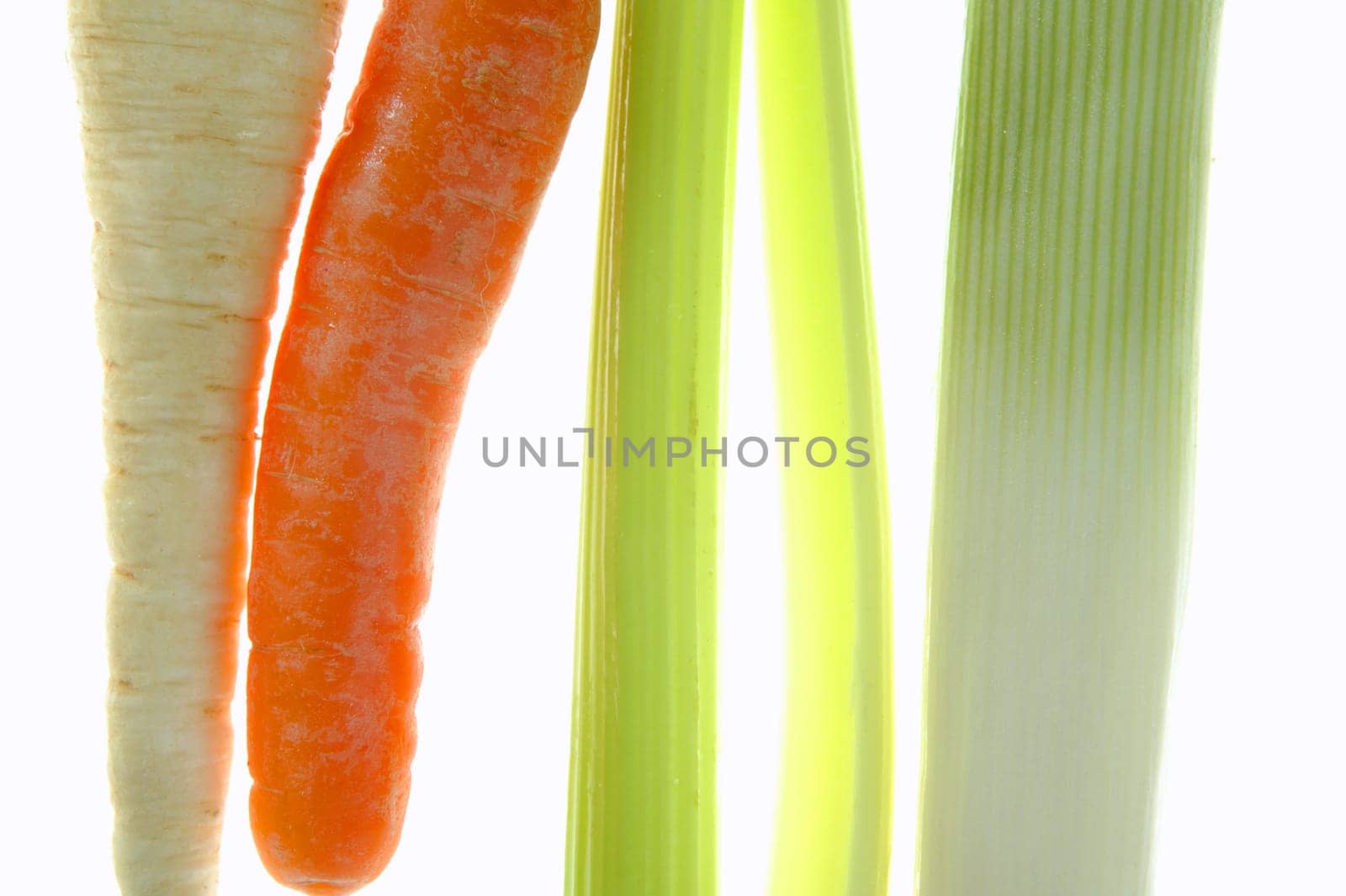 Celery, leek, carrot, transparent over white studio background