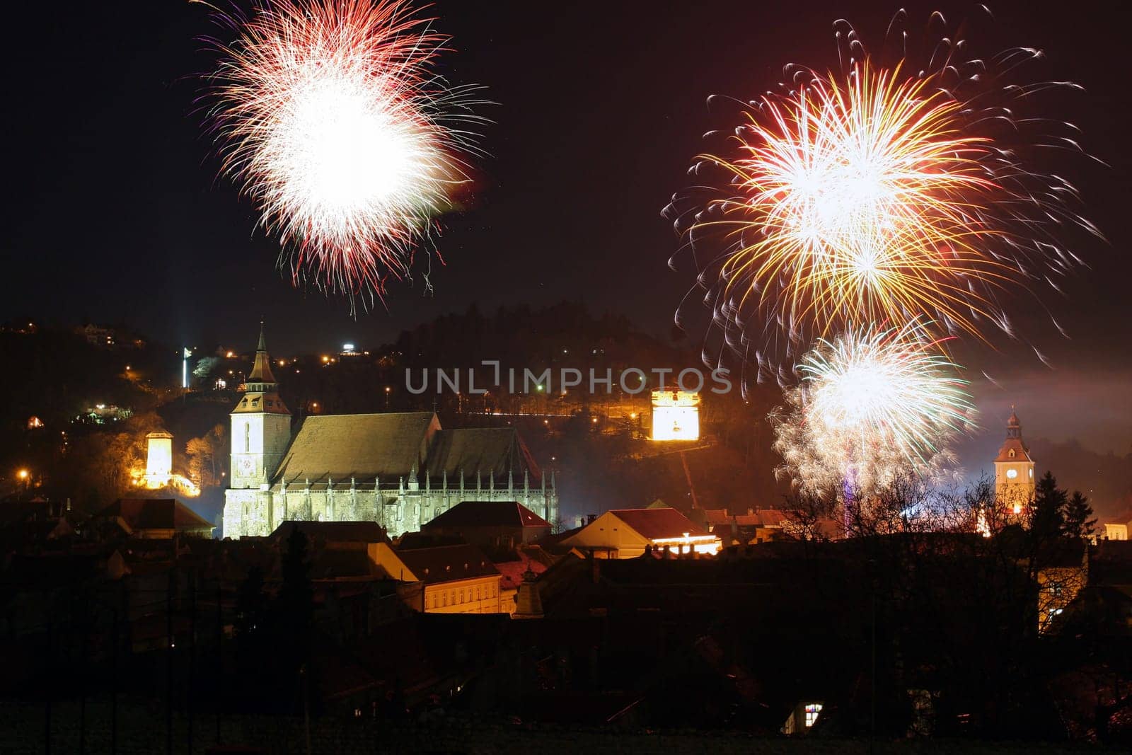 Fireworks in old town Brasov, Romania