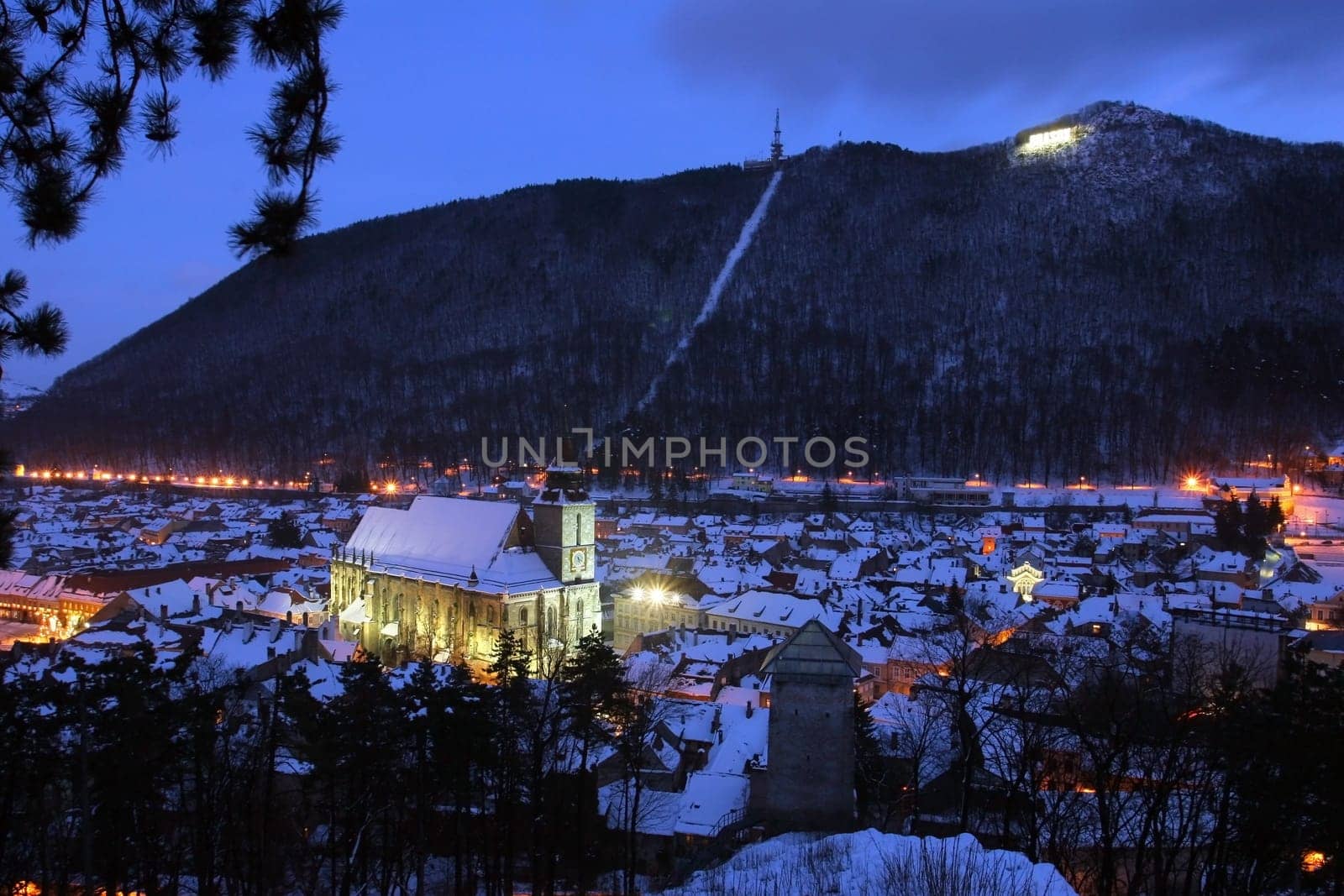 Night view of the Black Church with Tampa mountain behind, Brasov, Romania