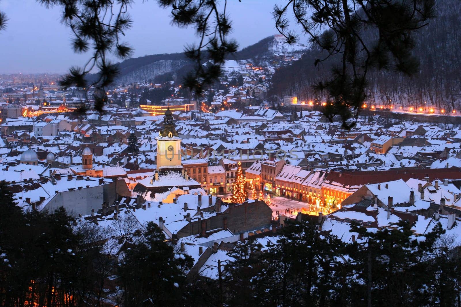 Night view of Brasov city, old town, Romania