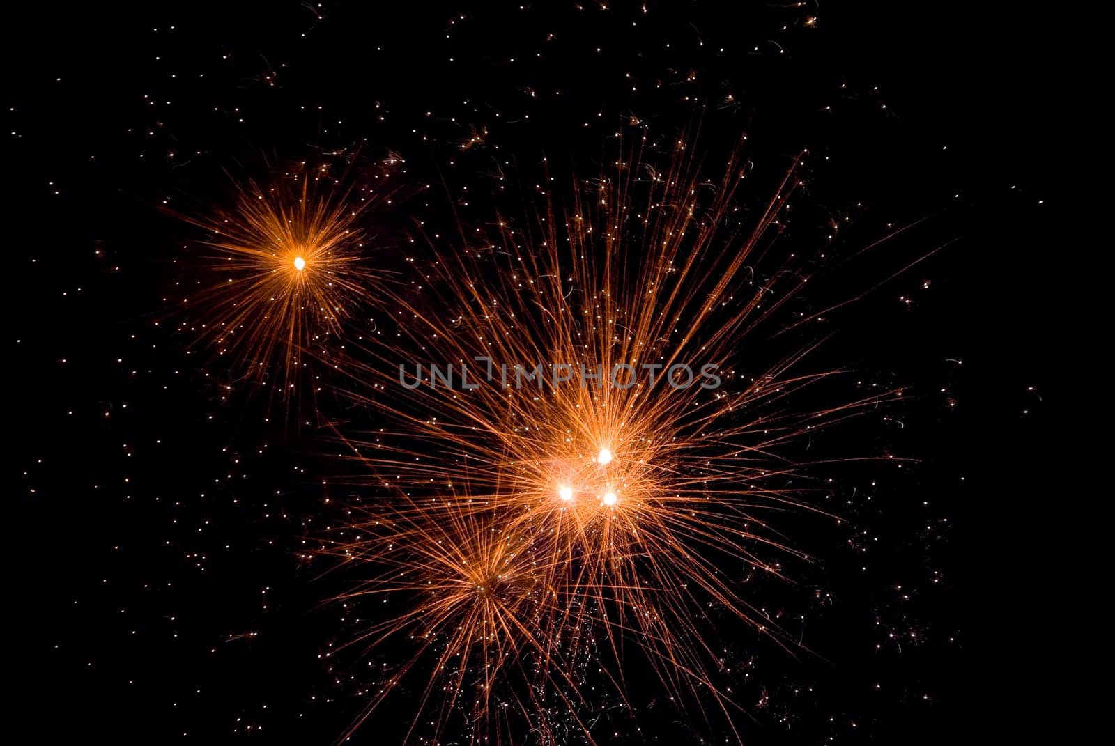 Fireworks exploding in the dark of the evening sky.