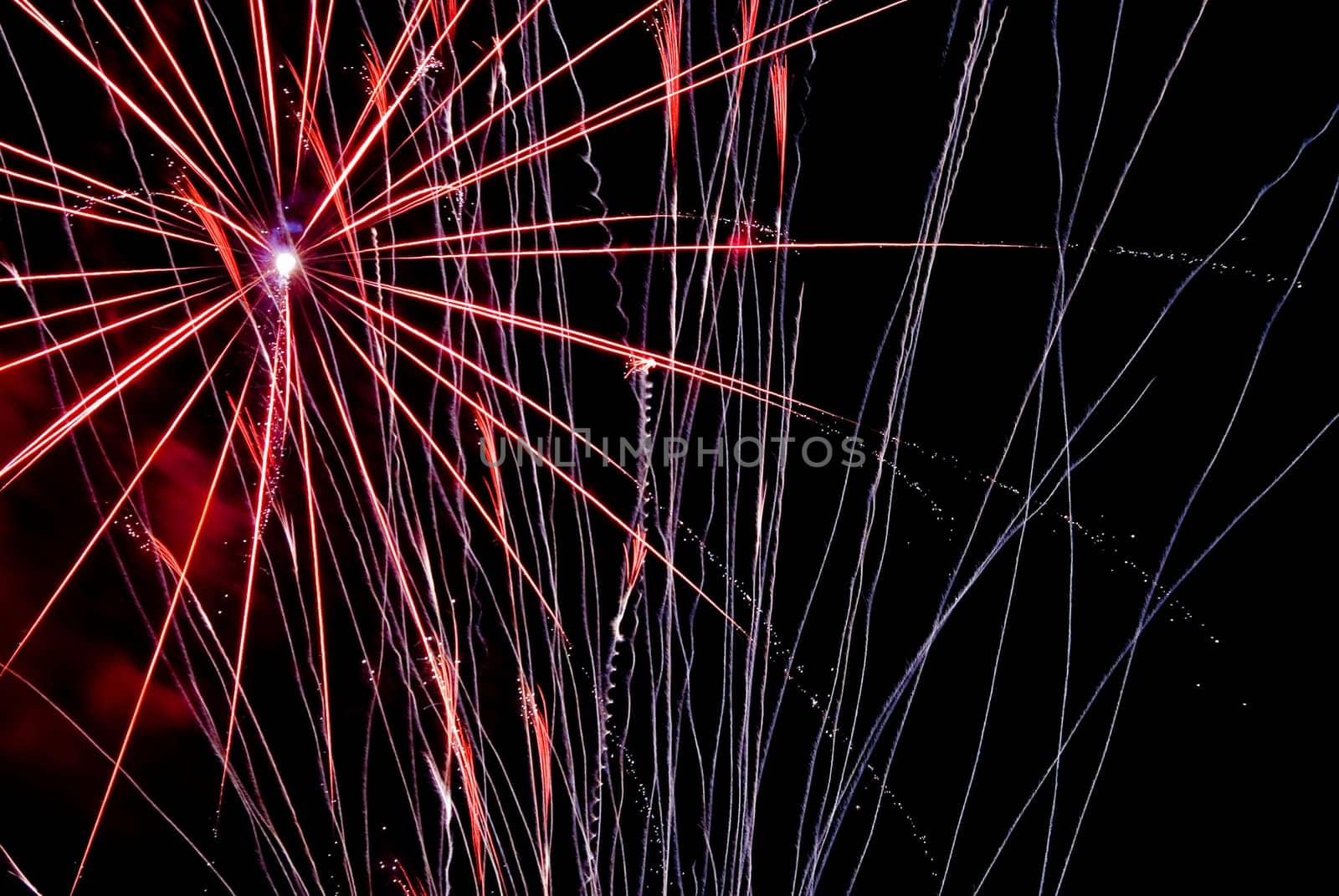 Fireworks exploding in the dark of the evening sky.