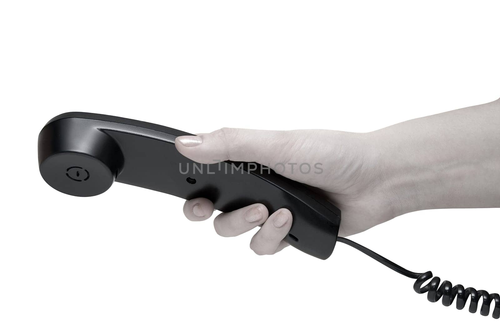 Communication on white. office black telephone with hand dialing.