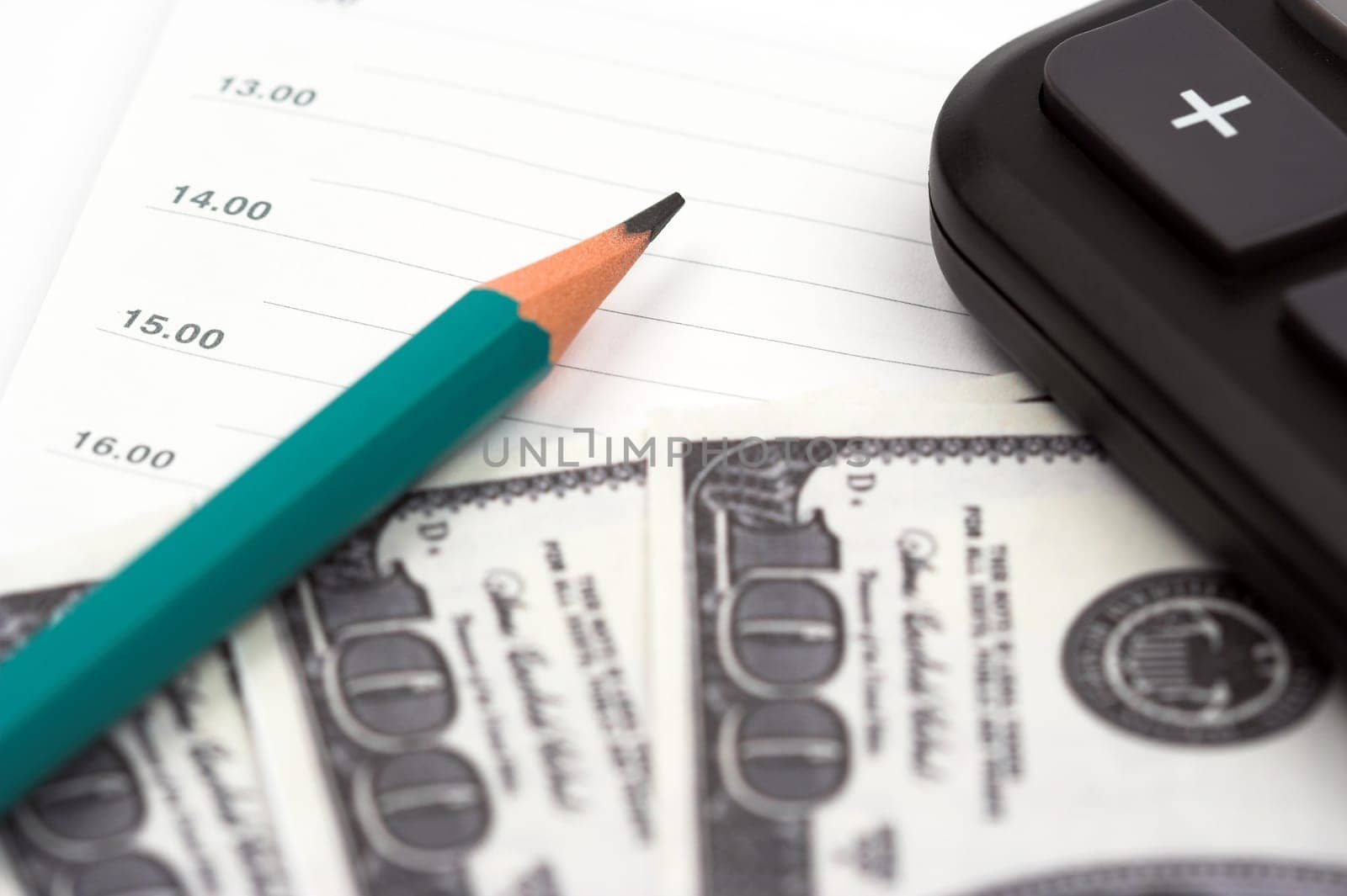 Dollar bills,pen and calculator close up