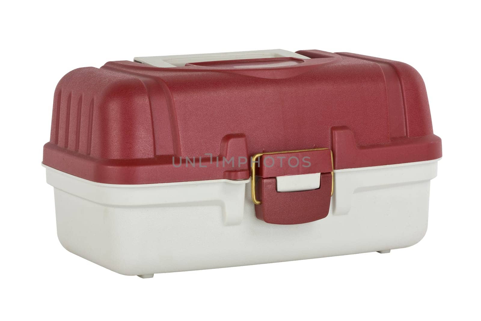 fishing tackle box at an angle isolated on a white background