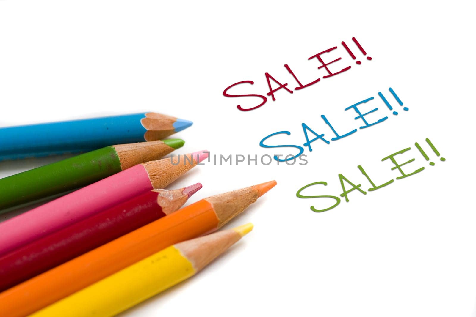 Set of color pencils with sale text, concept special deal