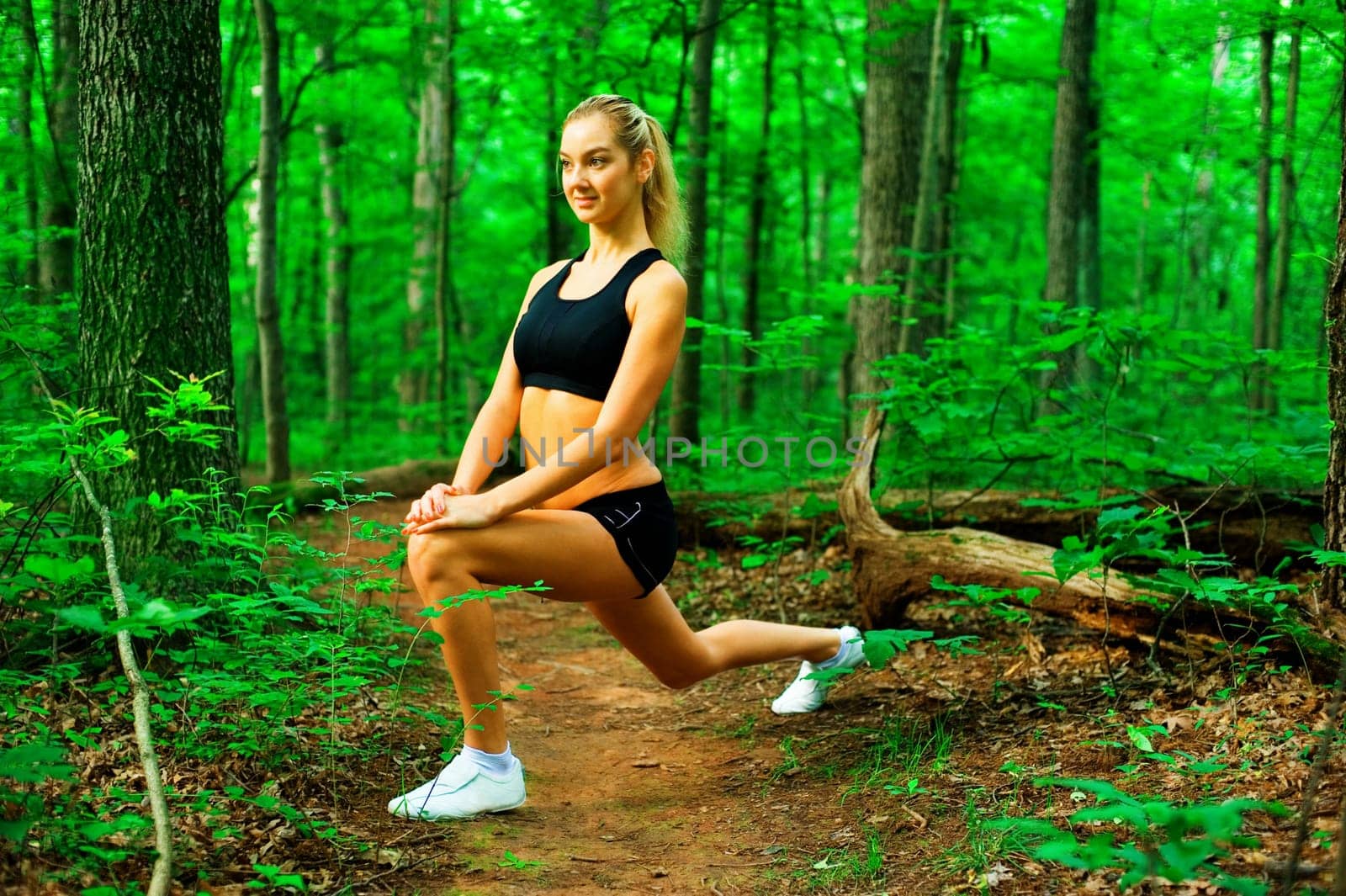 Blonde haired woman exercising, from a complete series of photos.