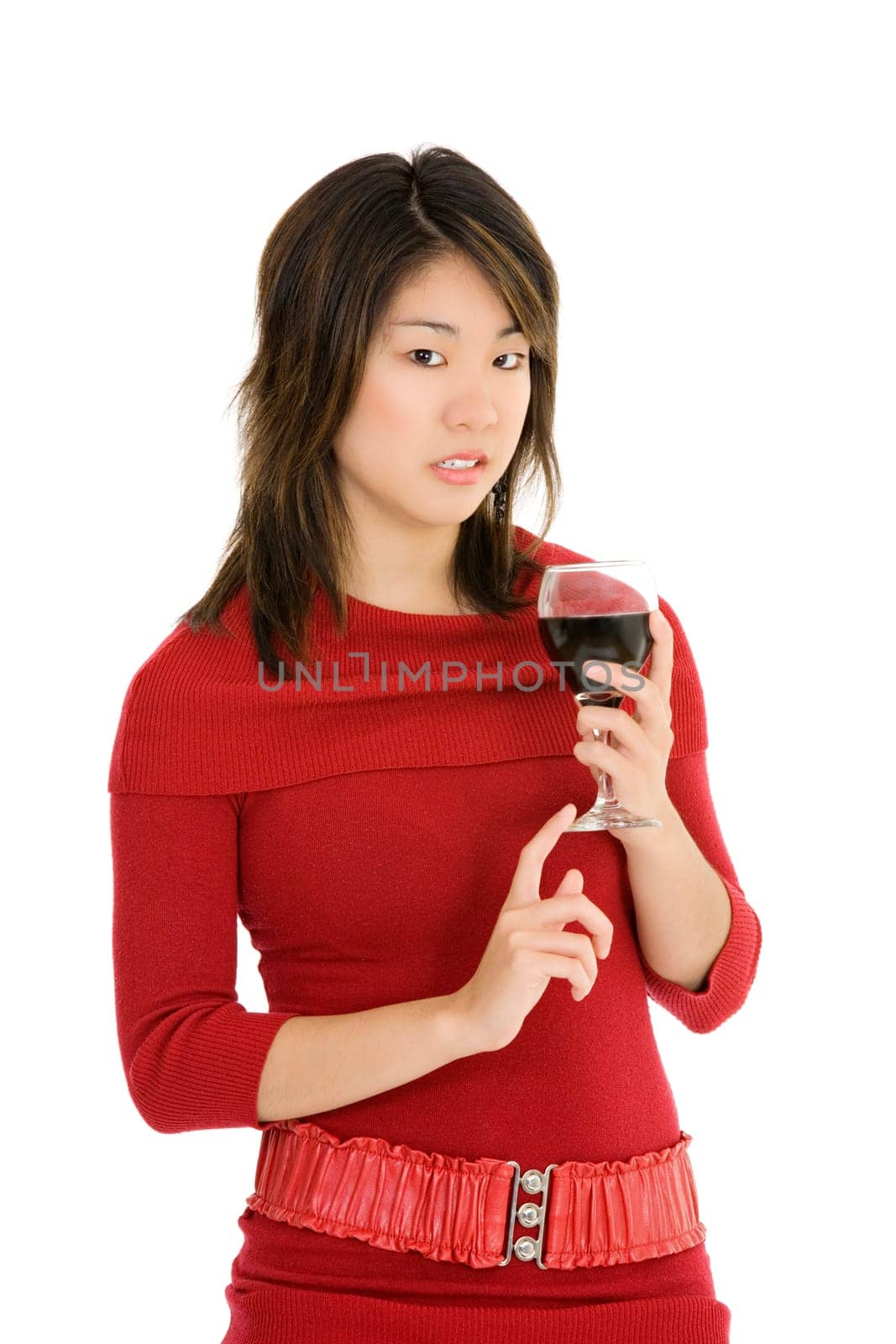 Beautiful Asian woman holding a glass of wine on a white background