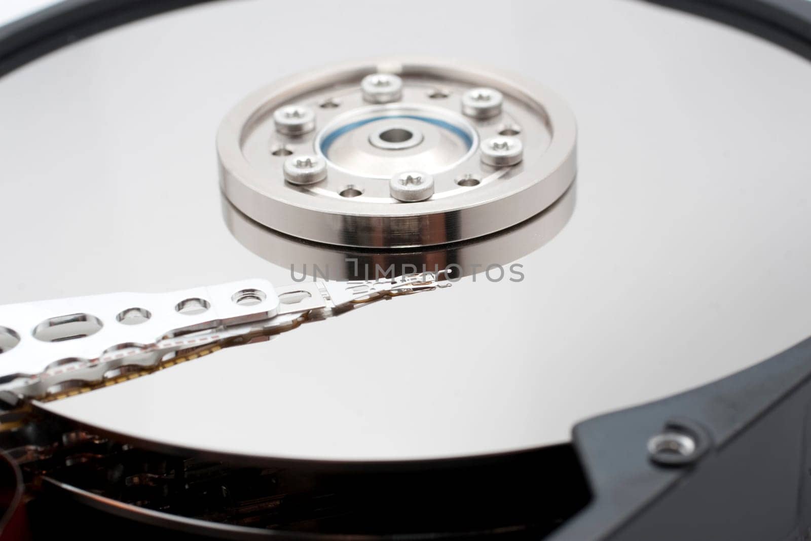 Closeup and macro view of hard drive inside