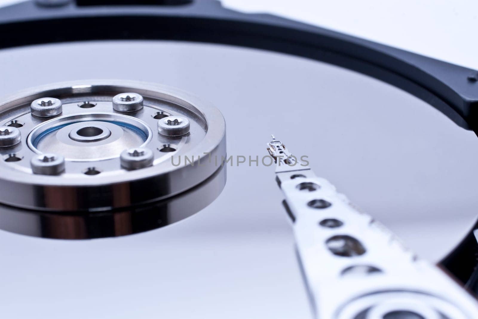 Closeup and macro view of hard drive inside