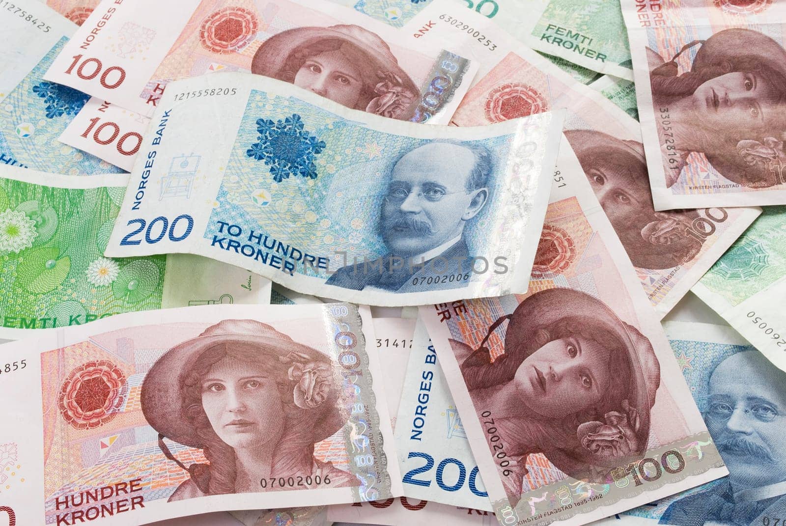 Close-ups  of 50, 100, 200 NOK Norwegian crones paper bank notes