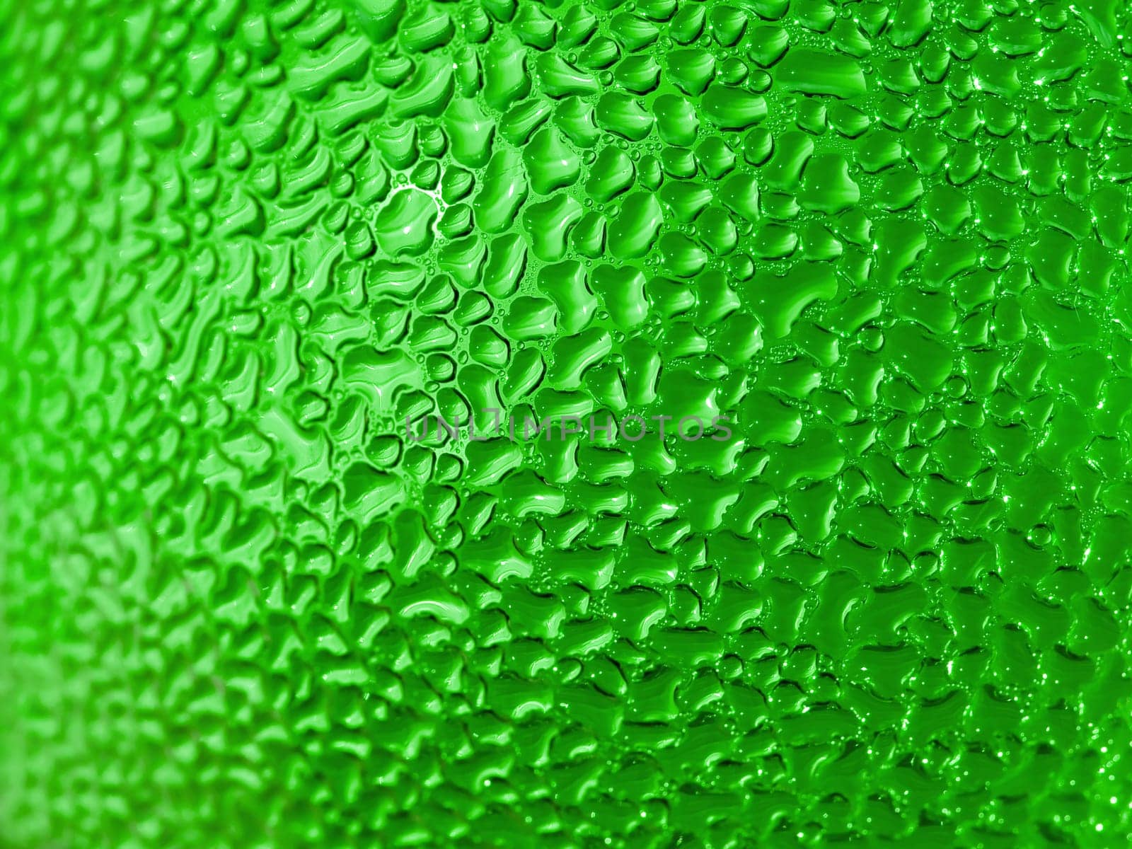 Water droplets formed from condensation inside a green bottle