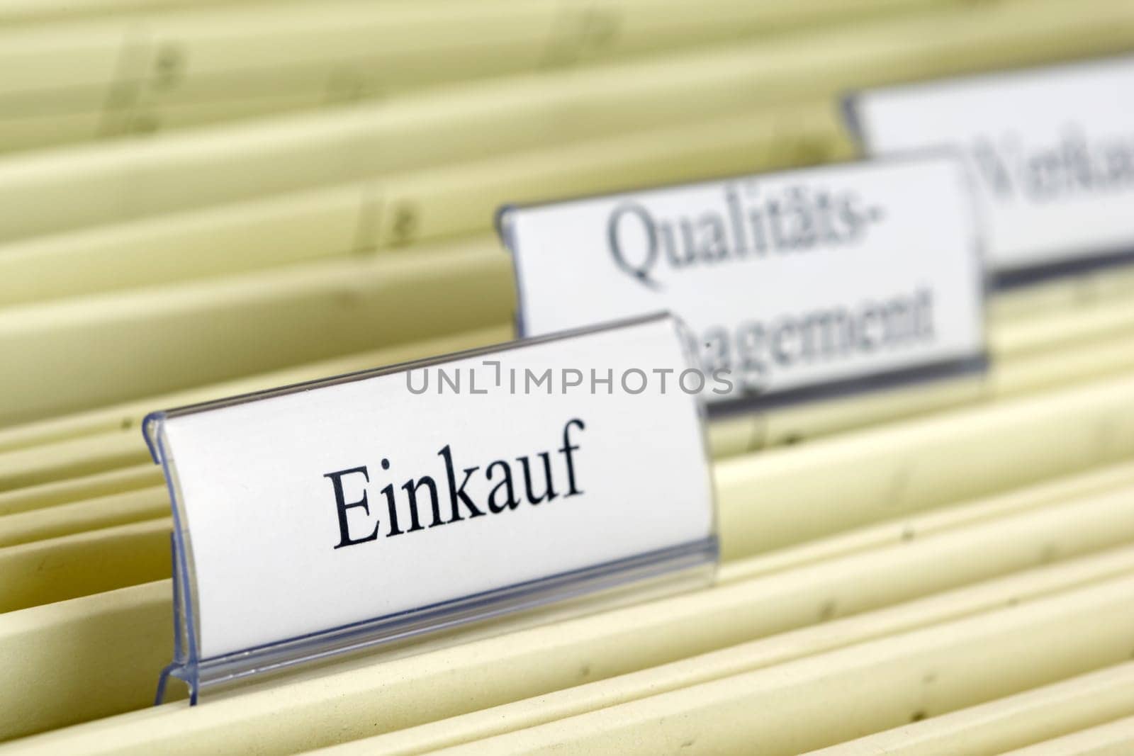 Close-up hanging folder "Einkauf"" which means ""Purchase"" in German"