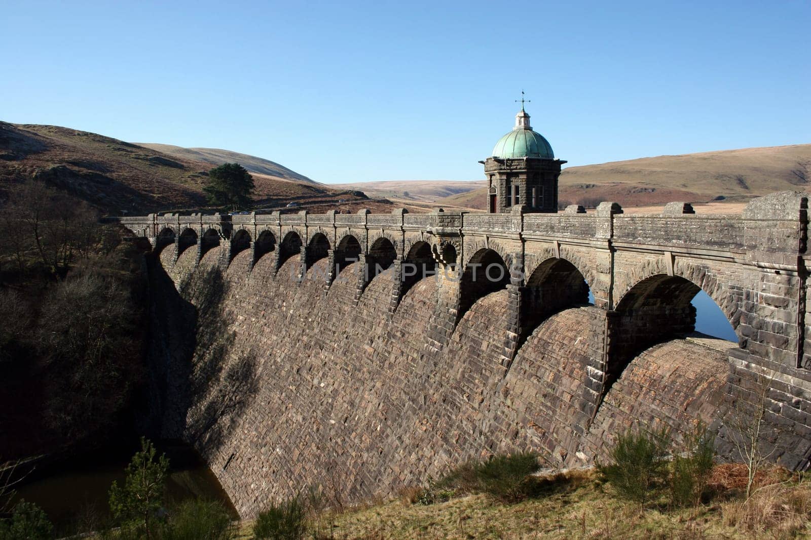 The dam of the Craig Goch reservoir, part of the Elan Valley reservoir system near Rhayader in mid-Wales.