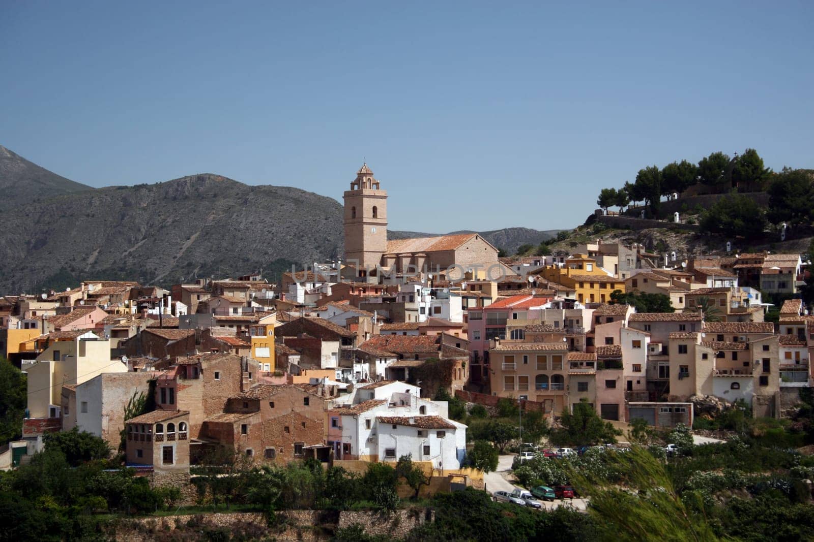 The mountain village of Polop, viewed from across the valley at La Nucia in southern Spain.