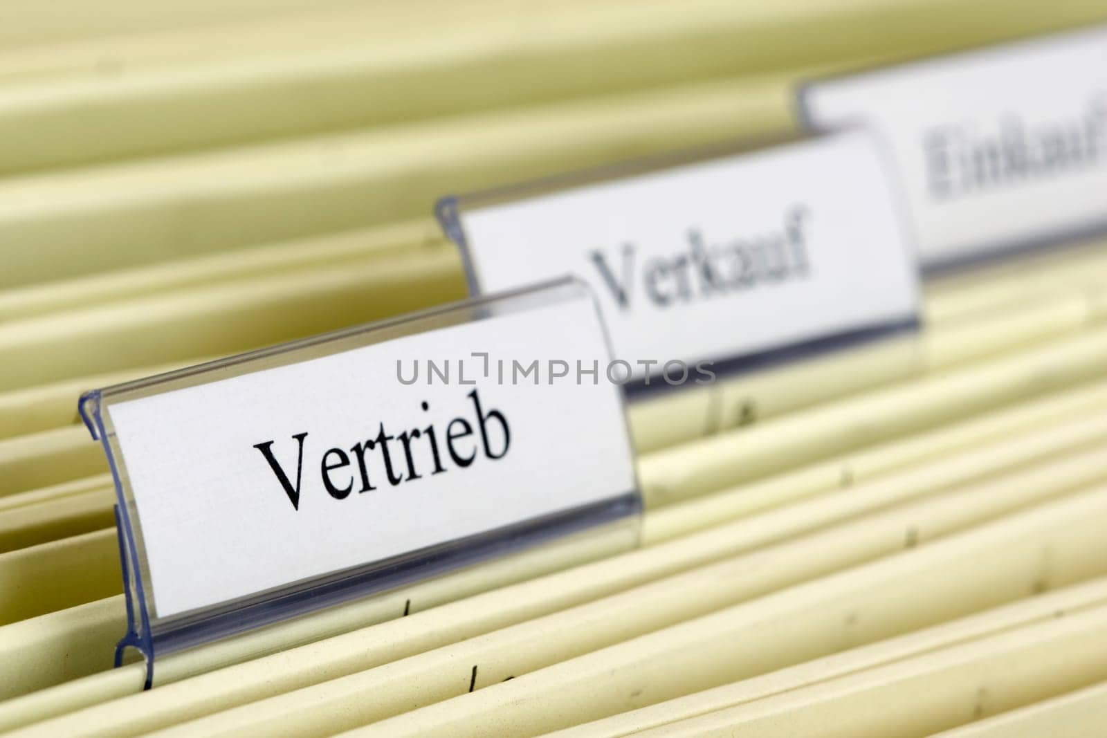 Close-up hanging folder "Vertrieb"" what means ""Distribution"" in German"