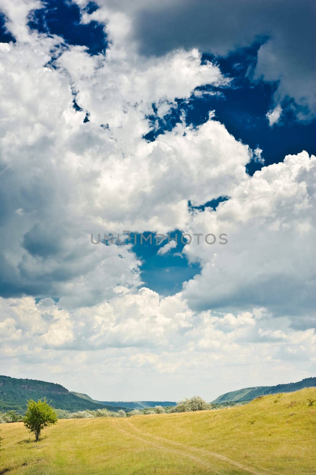 rural landscape with blue sky and clouds on it