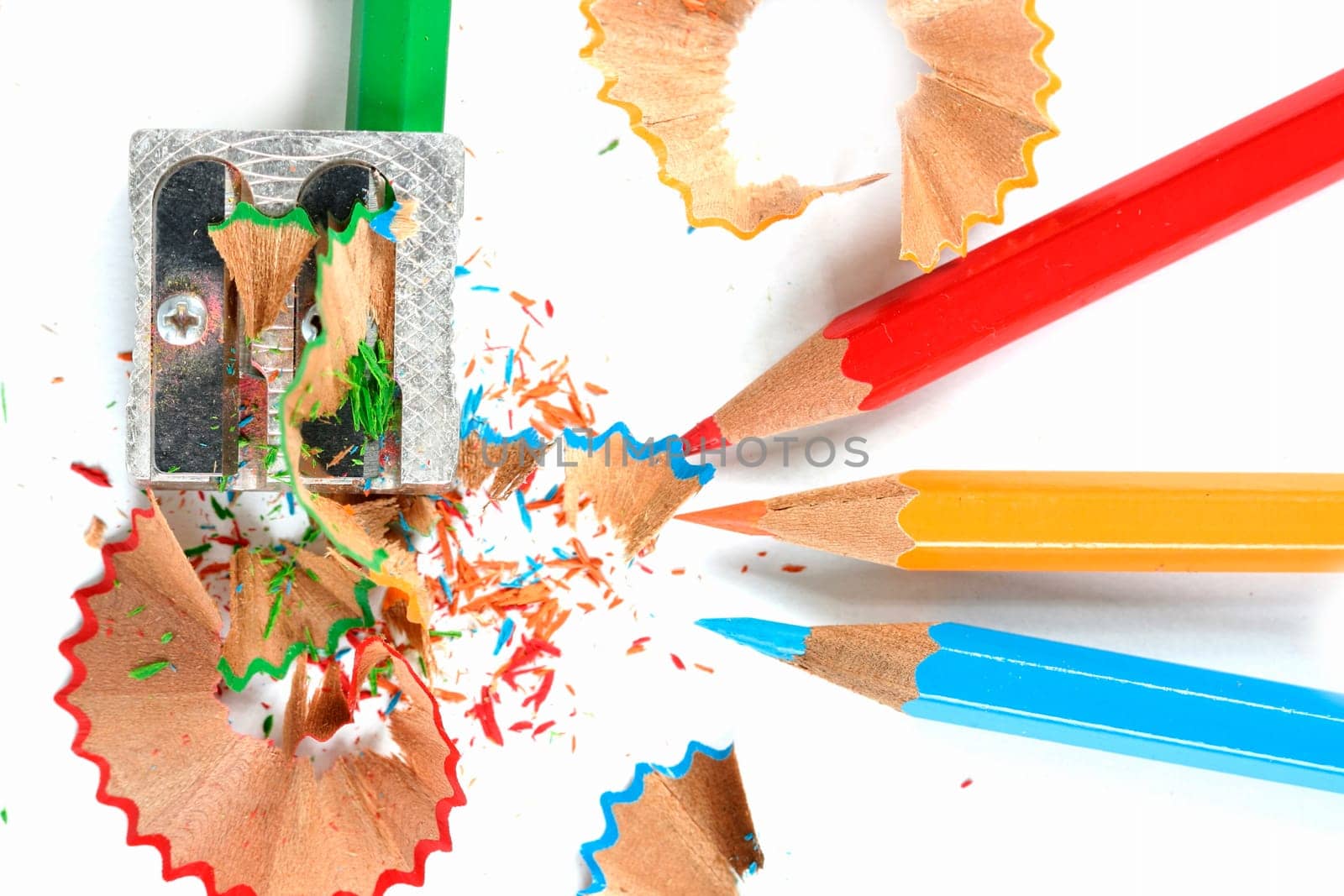 Close-up of pencils and sharpener.