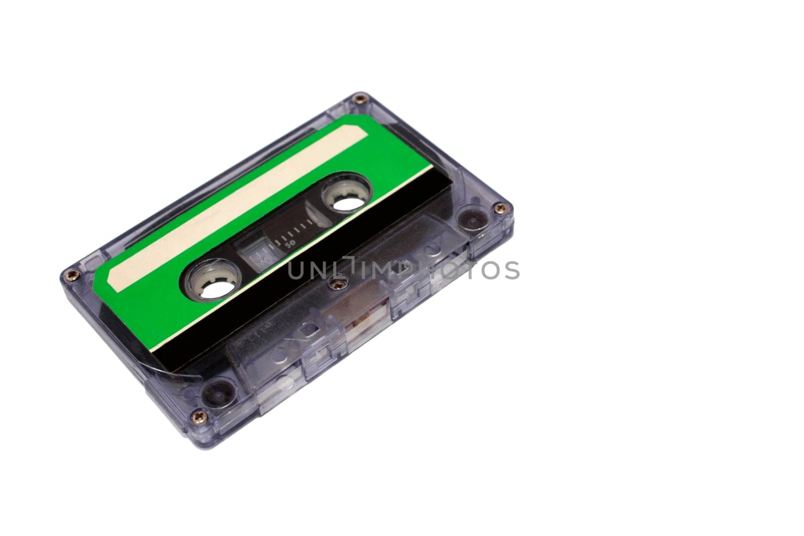 Compact Cassette isolated on white. Front right perspective view