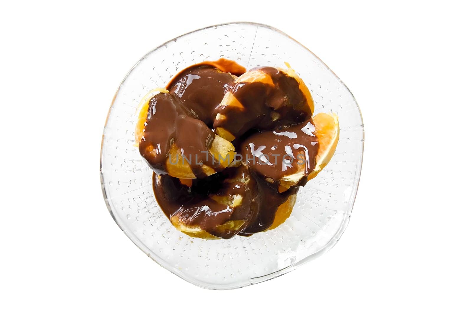 Orange in chocolate dessert on white
