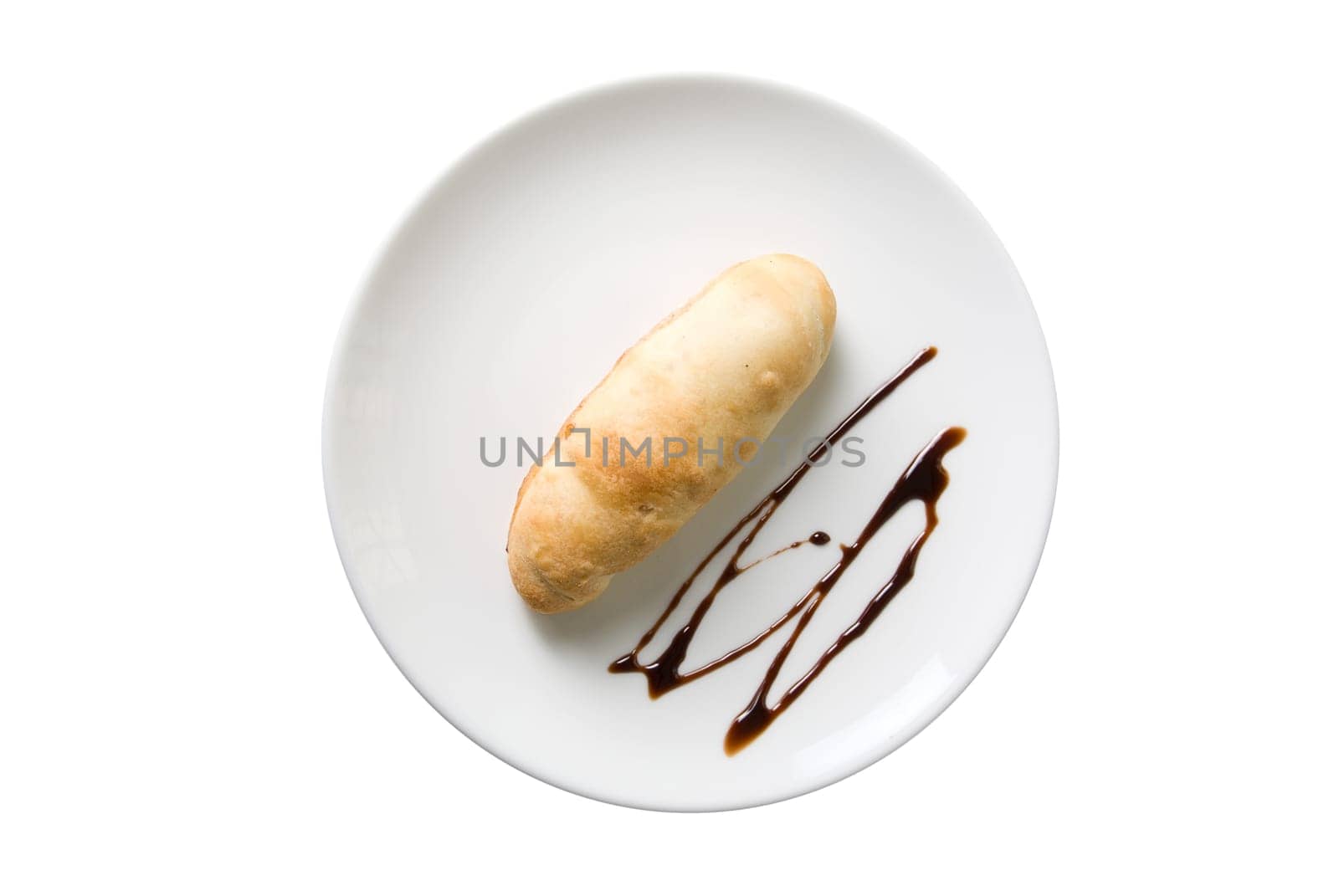 sweet bun with chocolate at plate  isolated on a white