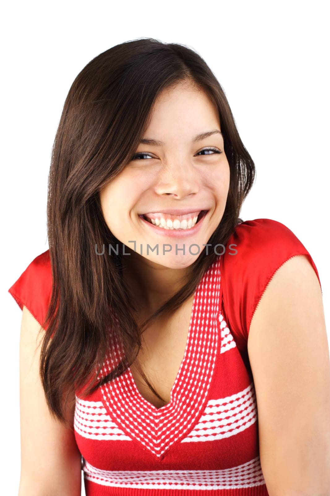 Cute smiling mixed asian / caucasian young woman. Isolated on white background.